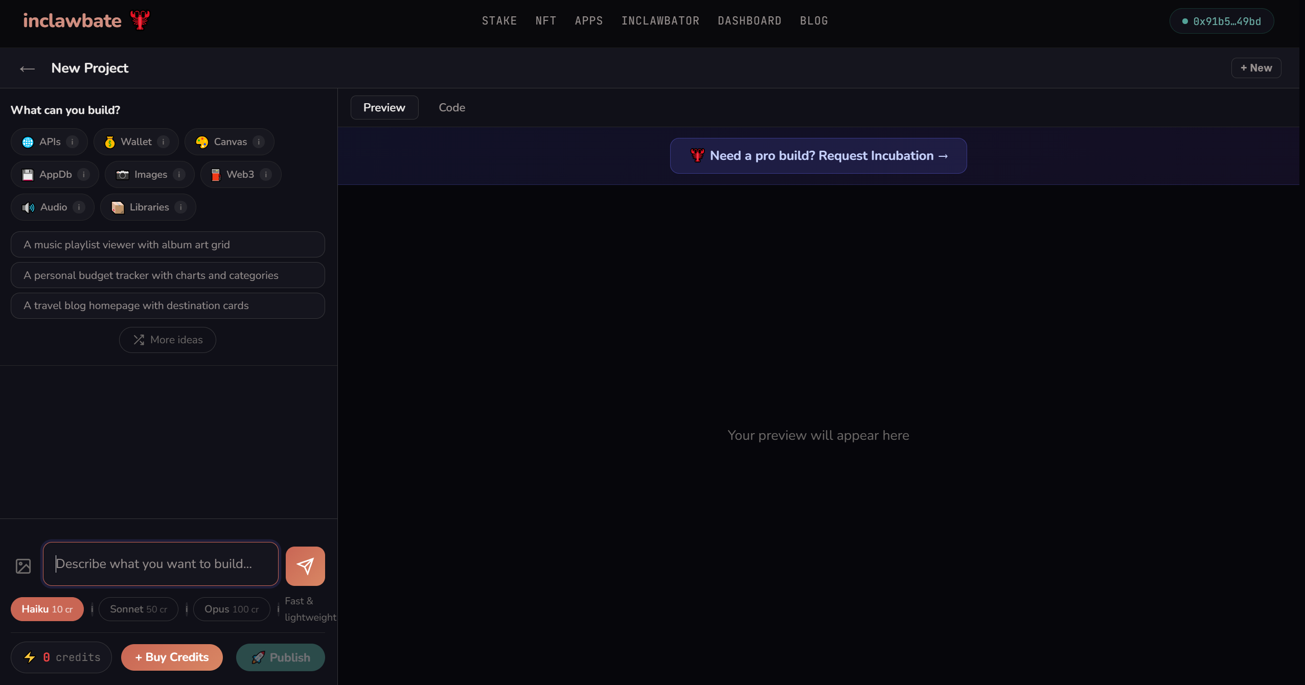 Build Studio interface showing model selector, prompt input, and live preview