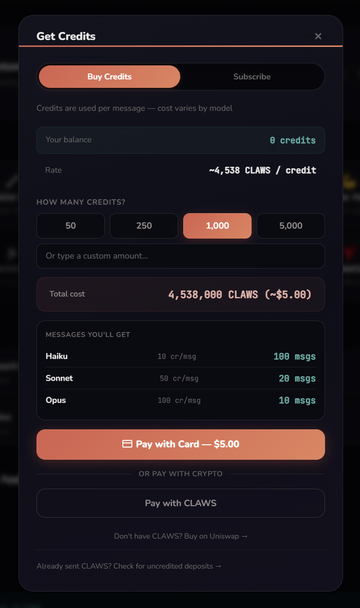 Credits pricing page showing three subscription tiers and CLAWS deposit option